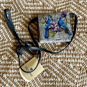 NWT ANUSCHKA NORTHERN BLUE JAYS HAND-PAINTED LEATHER 2-FOLD WALLET WITH STRAP